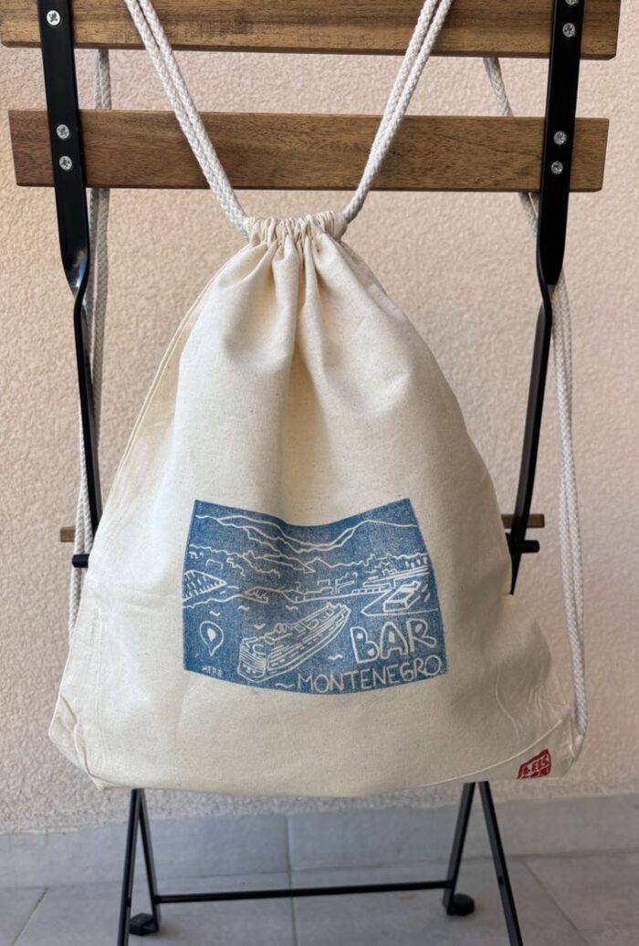 backpack with linocut cruise ship print — bar, montenegro