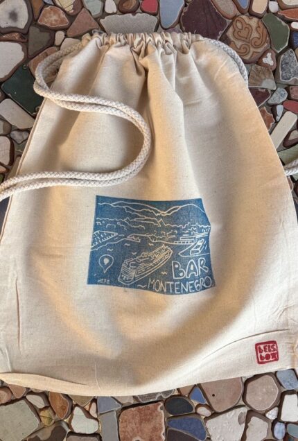 backpack with linocut cruise ship print — bar, montenegro