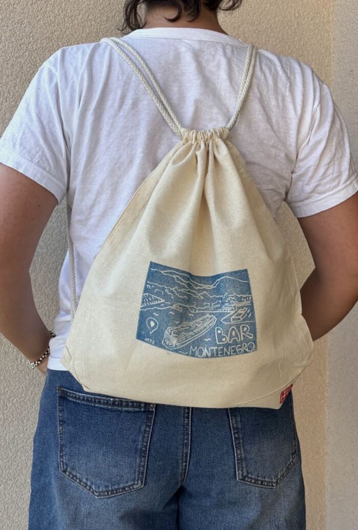 backpack with linocut cruise ship print — bar, montenegro