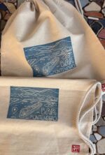backpack with linocut cruise ship print — bar, montenegro