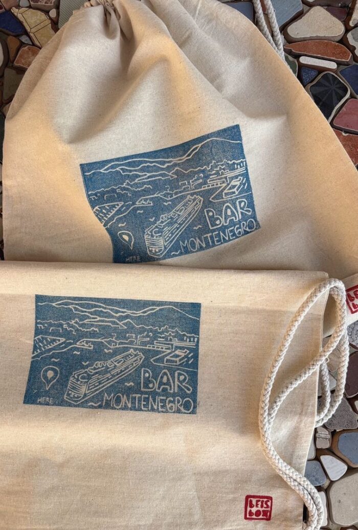 backpack with linocut cruise ship print — bar, montenegro