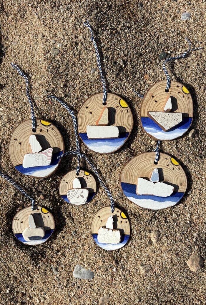 wooden pendants with sea tiles ship