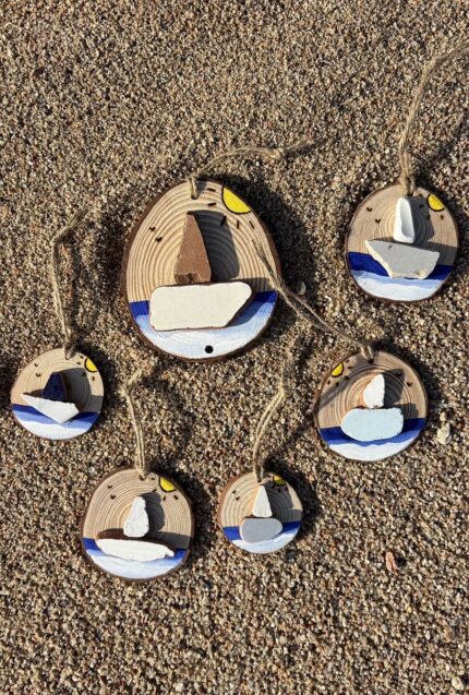 wooden pendants with sea tiles ship