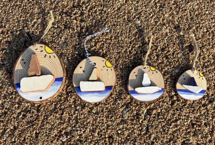 coastal charm: tiny boat on hand painted wood ornament