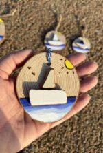 coastal charm: tiny boat on hand painted wood ornament