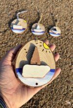 coastal charm: tiny boat on hand painted wood ornament