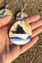 coastal charm: tiny boat on hand painted wood ornament