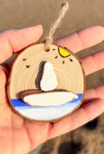 coastal charm: tiny boat on hand painted wood ornament