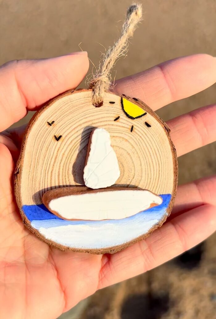 coastal charm: tiny boat on hand painted wood ornament