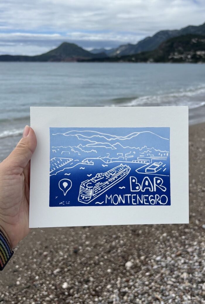 linocut print — mediterranean cruise — bar, montenegro