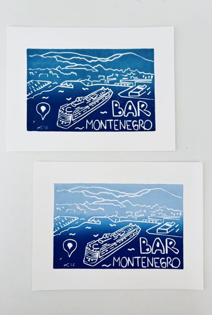 linocut print — mediterranean cruise — bar, montenegro