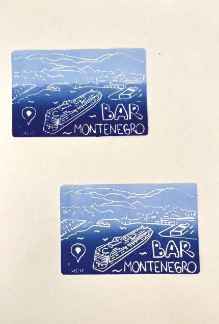 linocut print — mediterranean cruise — bar, montenegro
