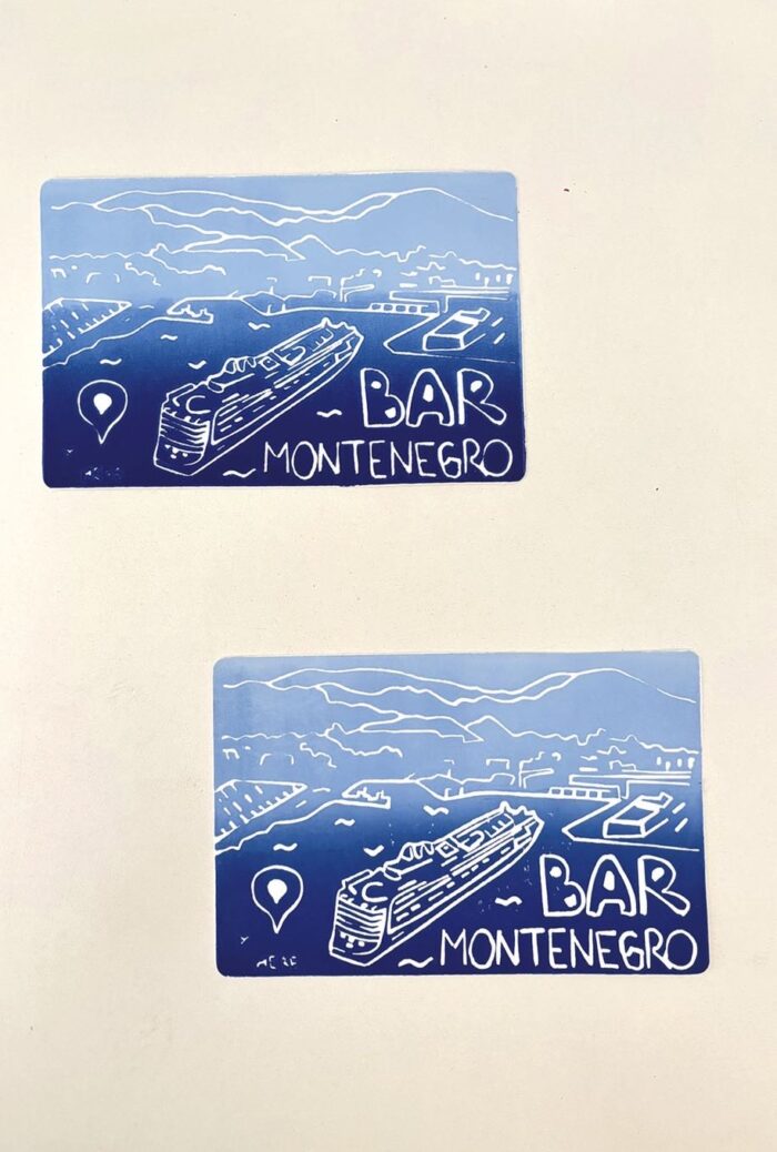 linocut print — mediterranean cruise — bar, montenegro