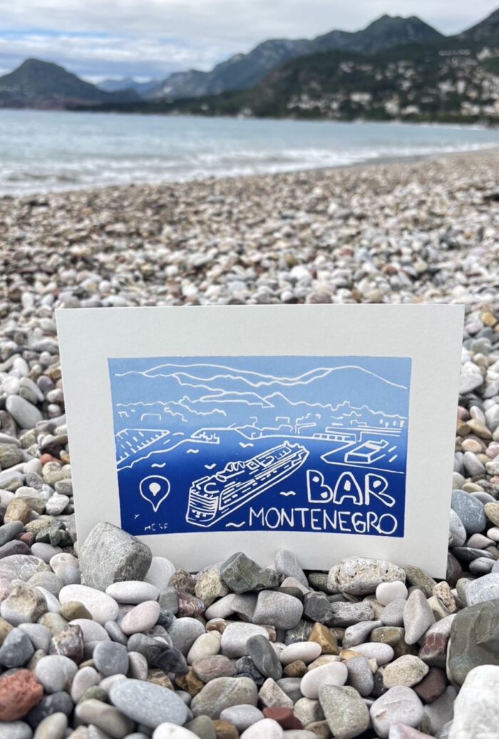 linocut print — mediterranean cruise — bar, montenegro