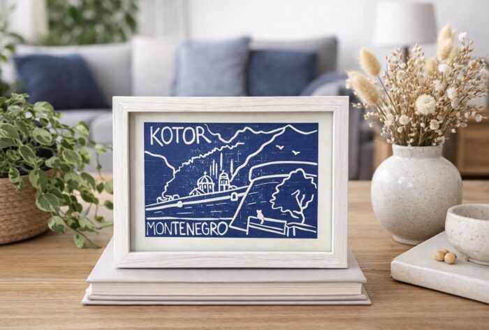 kotor montenegro linocut print on paper