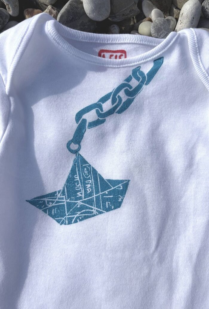 boat on chain linocut baby bodysuit