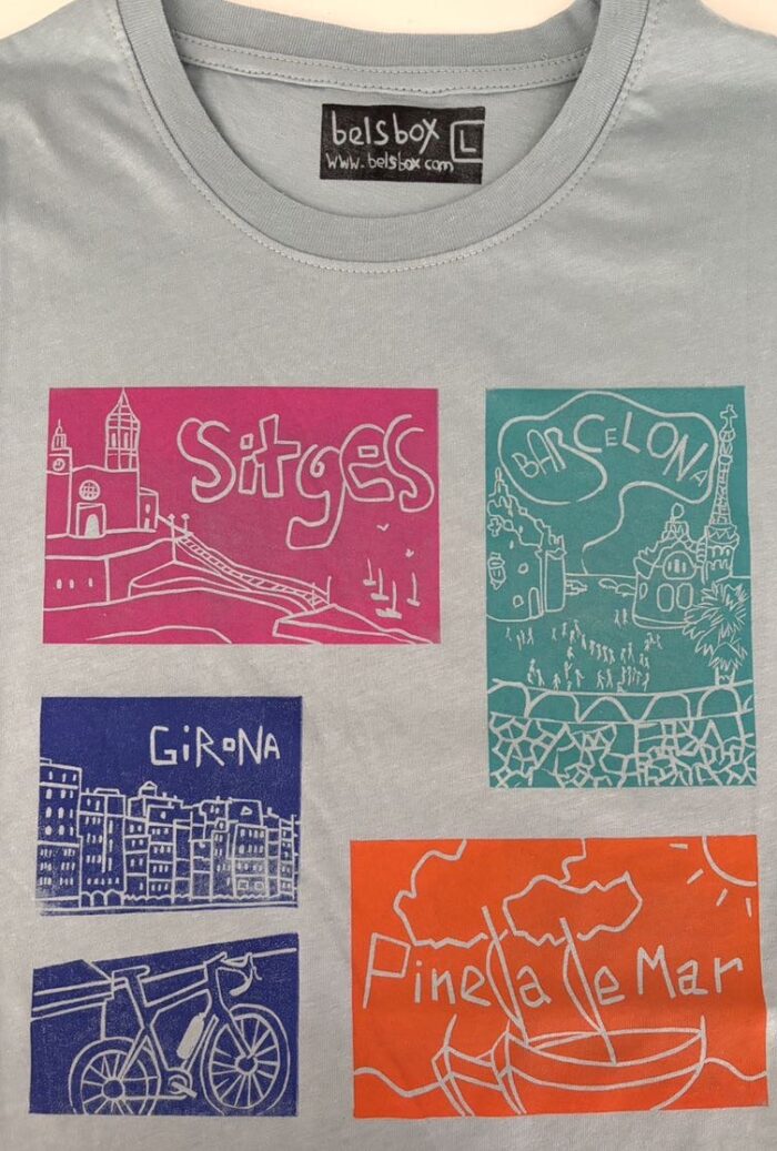 linoprinted t shirt: sitges, barcelona, pineda, girona