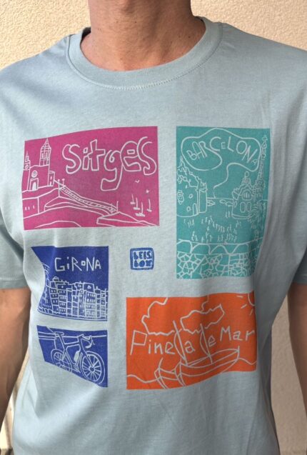 linoprinted t shirt: sitges, barcelona, pineda, girona