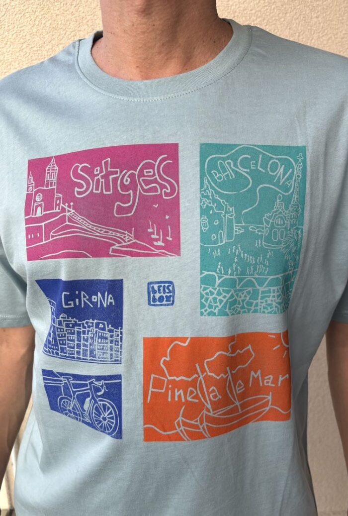 linoprinted t shirt: sitges, barcelona, pineda, girona