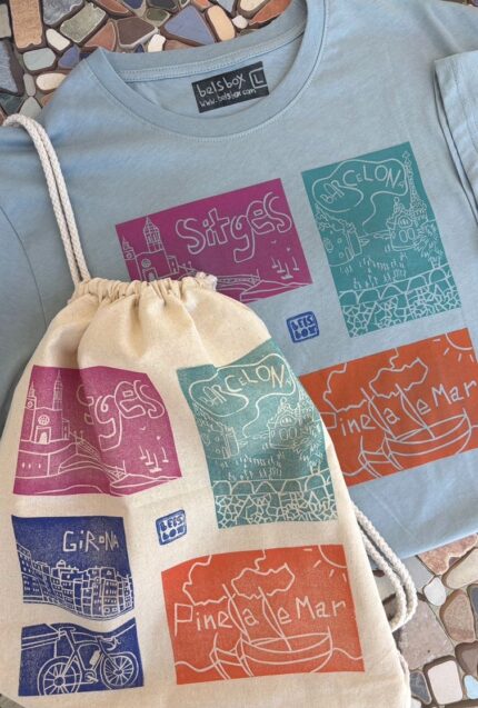 set: unisex t shirt & drawstring backpack with catalonia linoprints