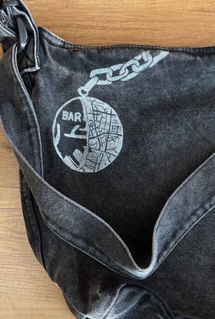 black denim shoulder bag – fish & bar map print