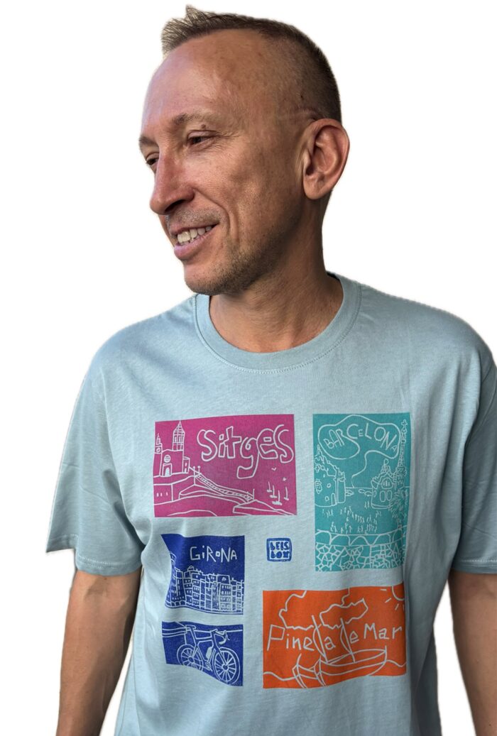 linoprinted t shirt: sitges, barcelona, pineda, girona