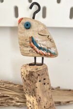 driftwood bird decor – blue & orange