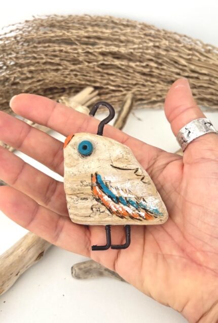 driftwood bird decor – blue & orange