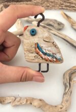 driftwood bird decor – blue & orange