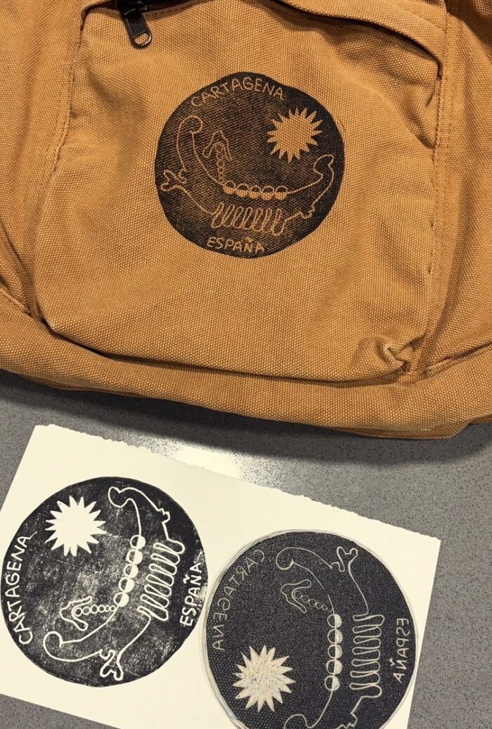 terracotta backpack/tote with cartagena linoprint