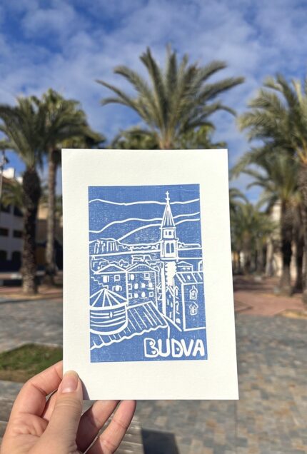 budva old town linocut print on paper