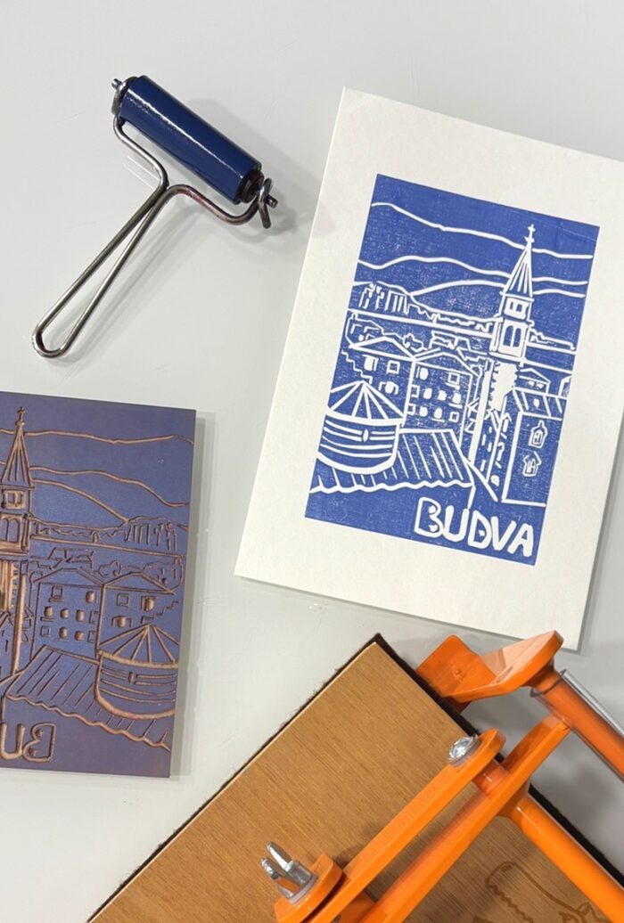 budva old town linocut print on paper