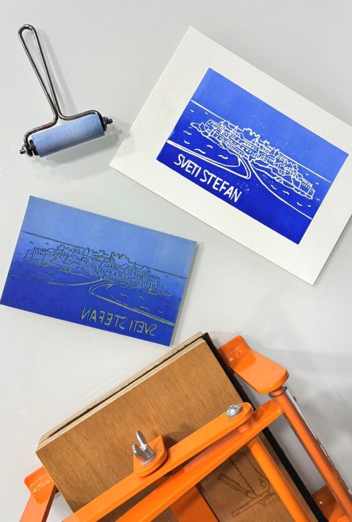 sveti stefan linocut print on paper
