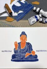 buddha linocut print with custom text on paper
