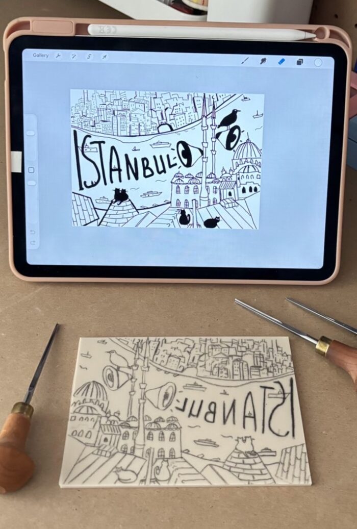 istanbul linocut print on paper