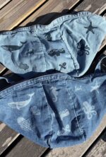medium denim bag with hand printed sea creatures