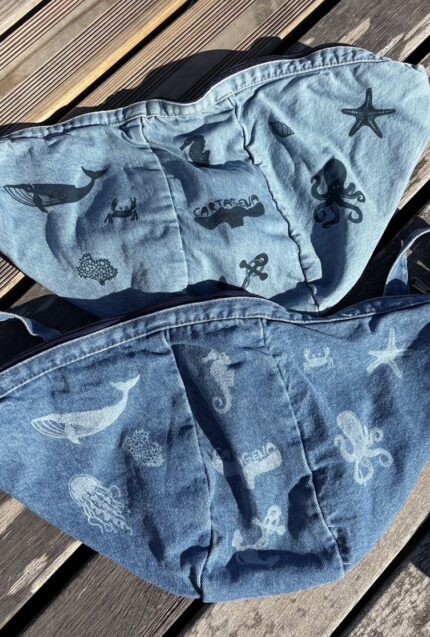 medium denim bag with hand printed sea creatures
